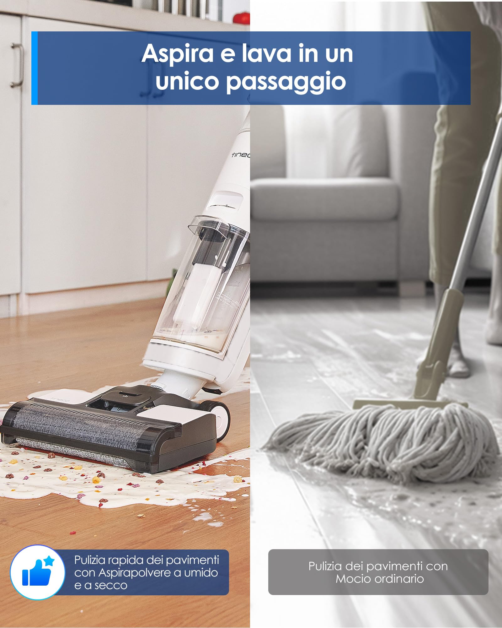 Tineco iFloor 3 Breeze Plus Aspirapolvere Senza Fili per Secco e Umido, Lavapavimenti e Mocio