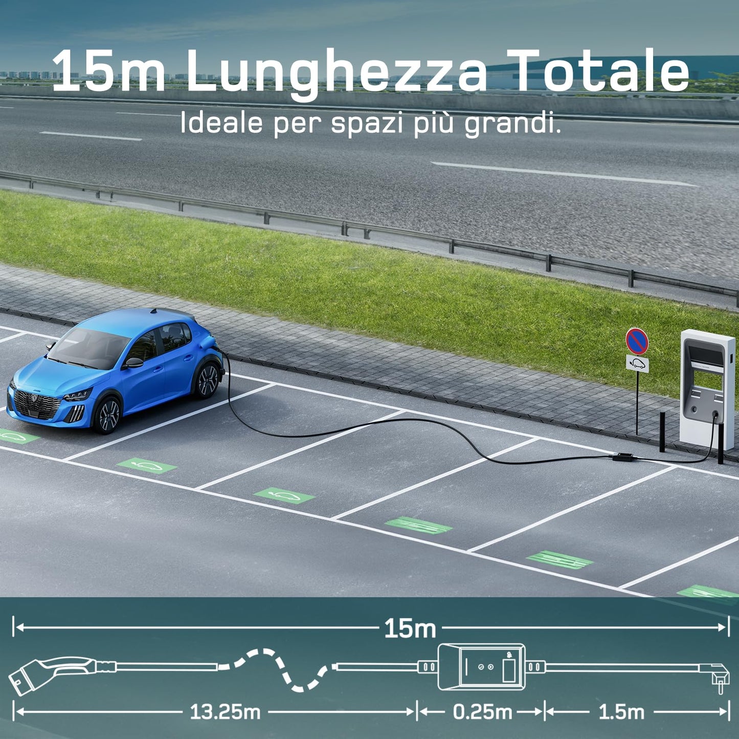 dé Cavo Ricarica Auto Elettrica Byd e altri Tipo 2 Schuko 3,7kW [15m | 6/8/10/13/16A]