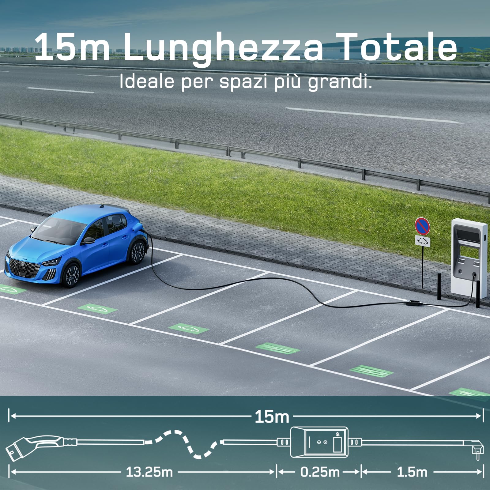 dé Cavo Ricarica Auto Elettrica Byd e altri Tipo 2 Schuko 3,7kW [15m | 6/8/10/13/16A]