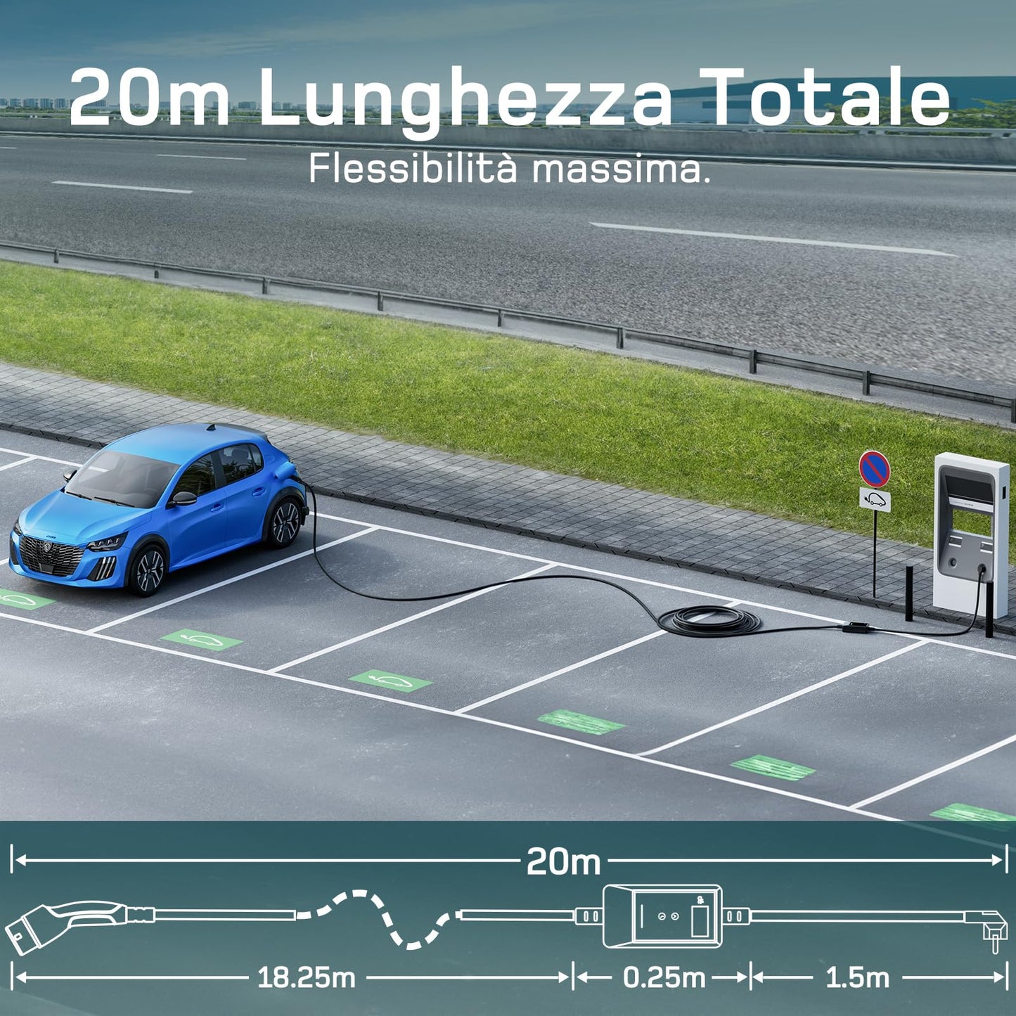 dé Cavo Ricarica Auto Elettrica Byd e altri Tipo 2 Schuko 3,7kW [20m | 6/8/10/13/16A]