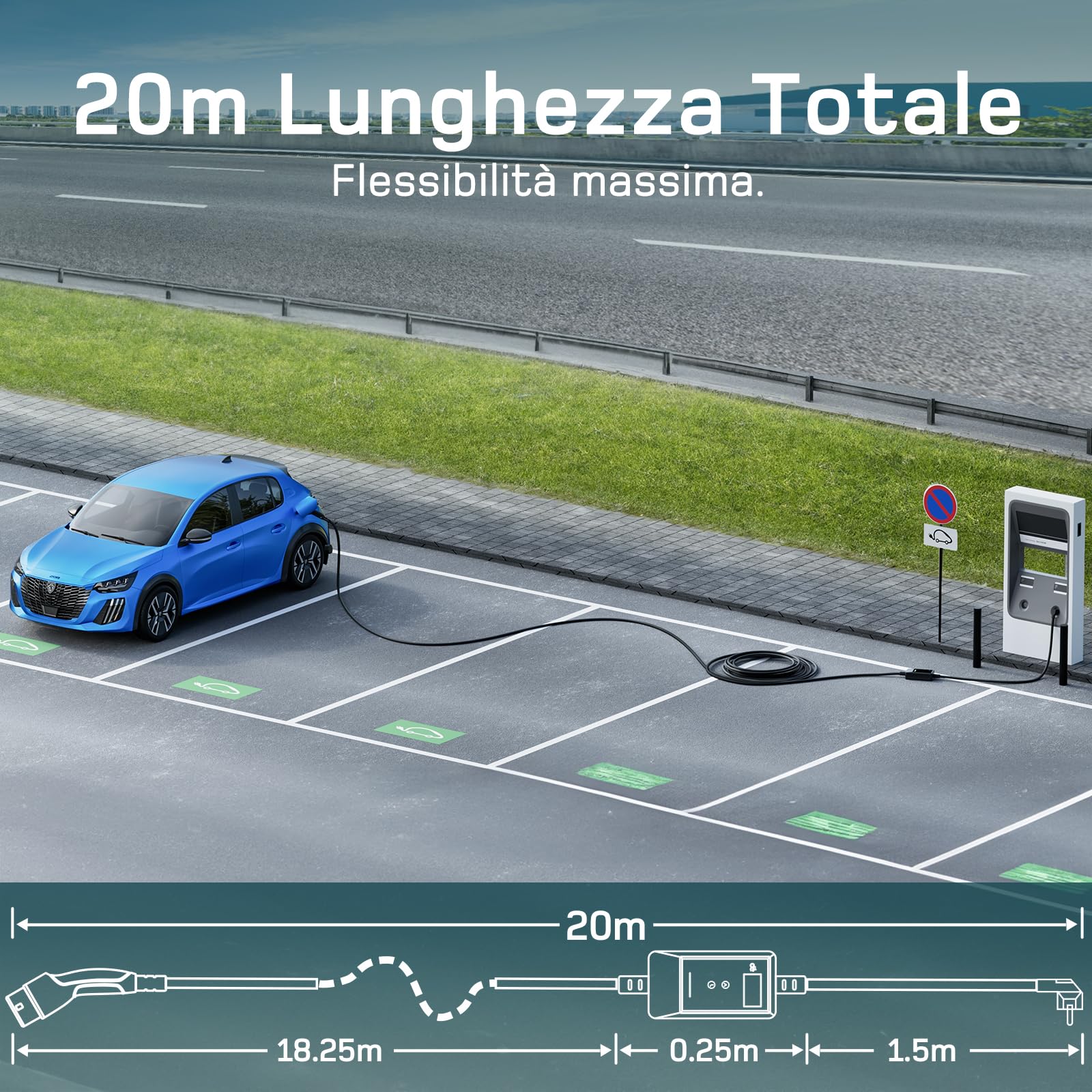 dé Cavo Ricarica Auto Elettrica Byd e altri Tipo 2 Schuko 3,7kW [20m | 6/8/10/13/16A]