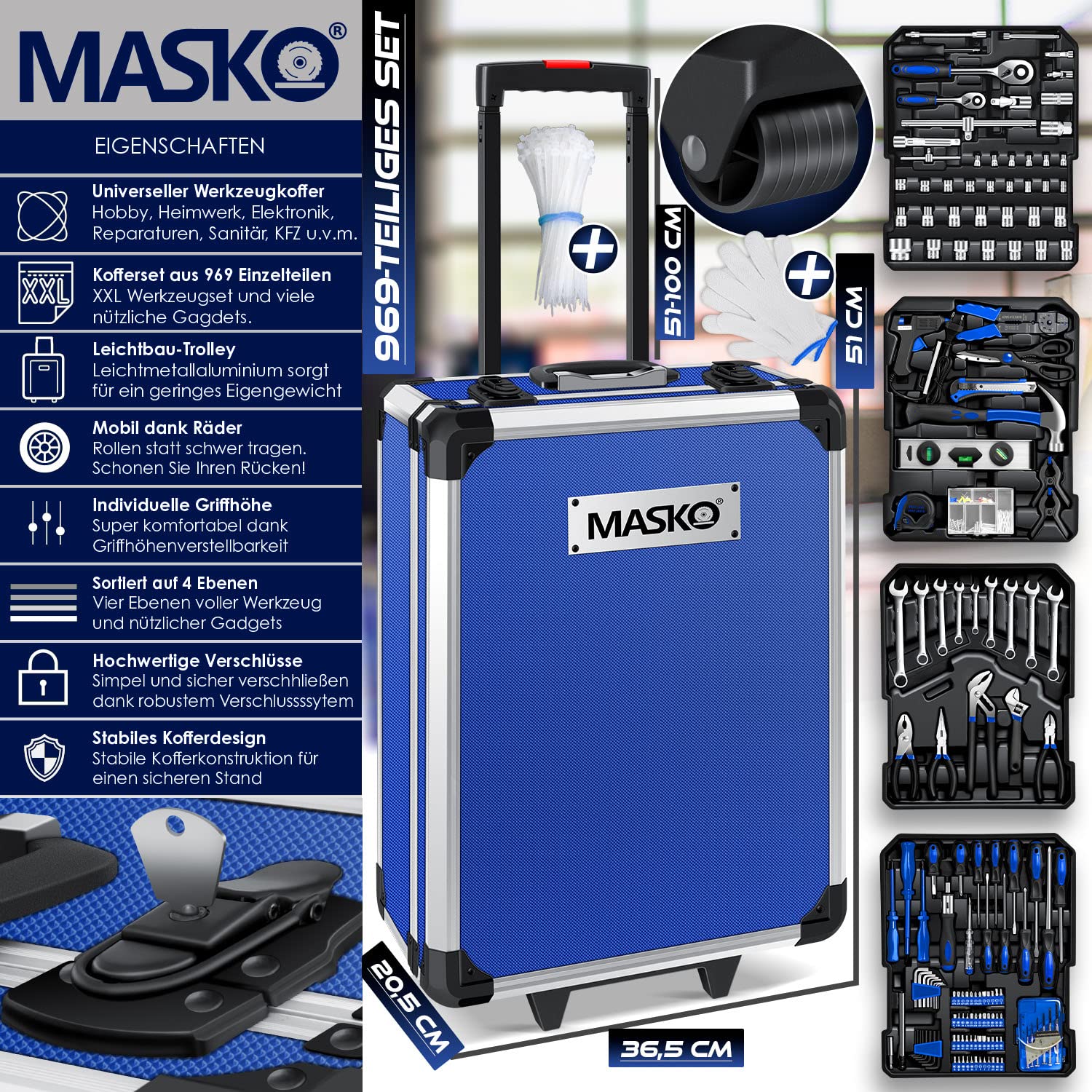 Masko® - Cassetta degli attrezzi, 969 pezzi, trolley professionale, blu