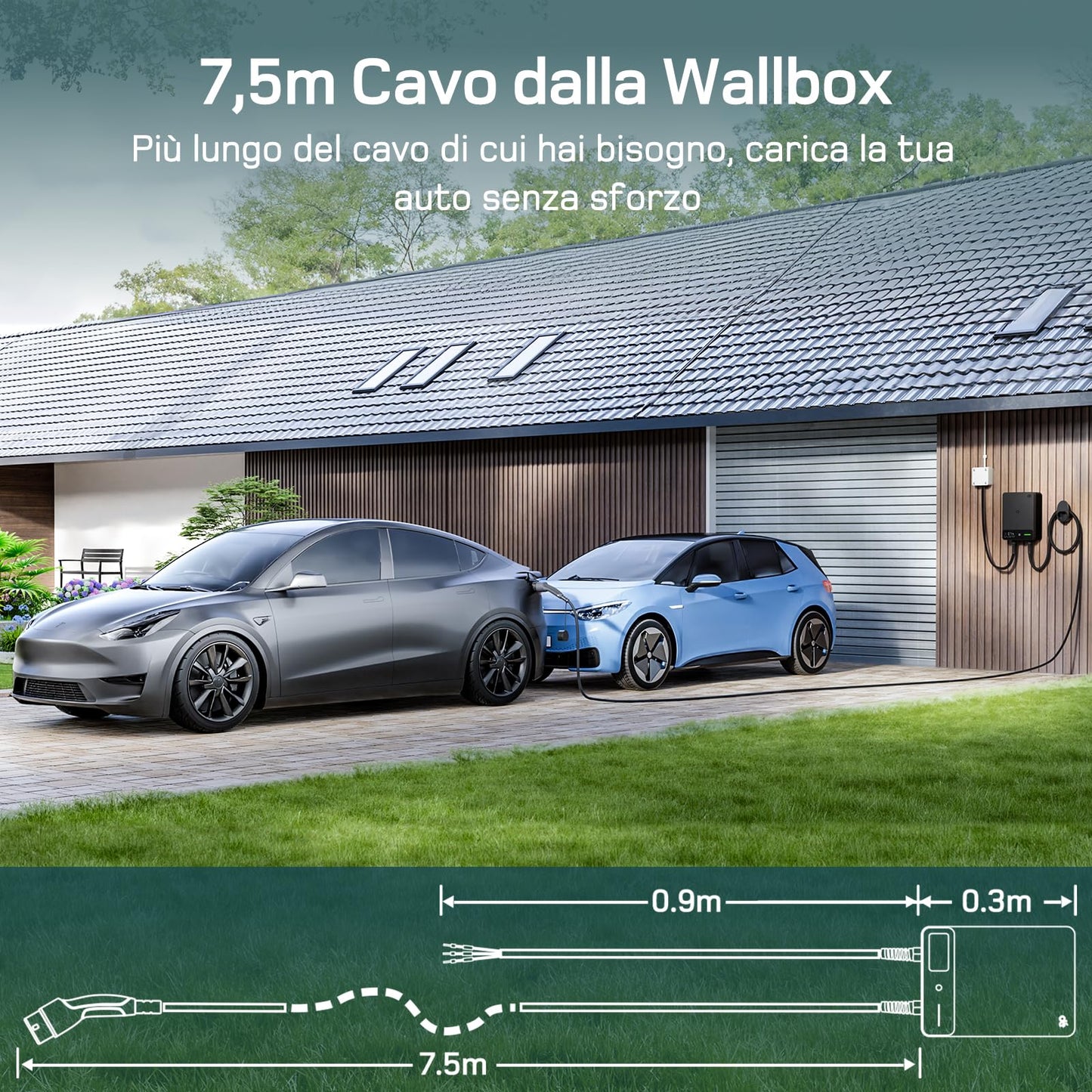 dé Wallbox 7,4kW Tipo 2 [7,5m, 6-32A, Monofase] Colonnina Ricarica Auto Elettrica per byd e altri con APP e RFID