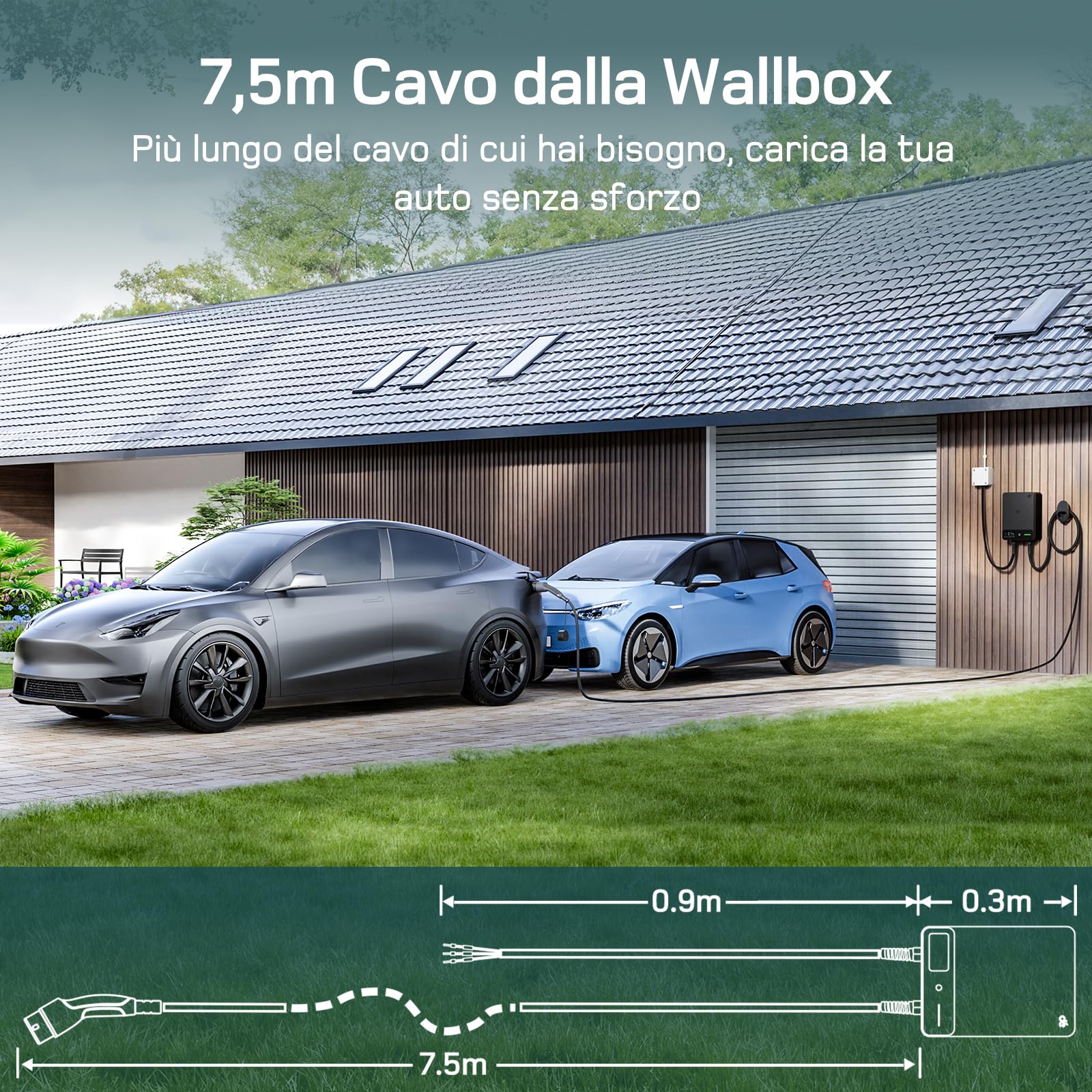 dé Wallbox 7,4kW Tipo 2 [7,5m, 6-32A, Monofase] Colonnina Ricarica Auto Elettrica per byd e altri con APP e RFID