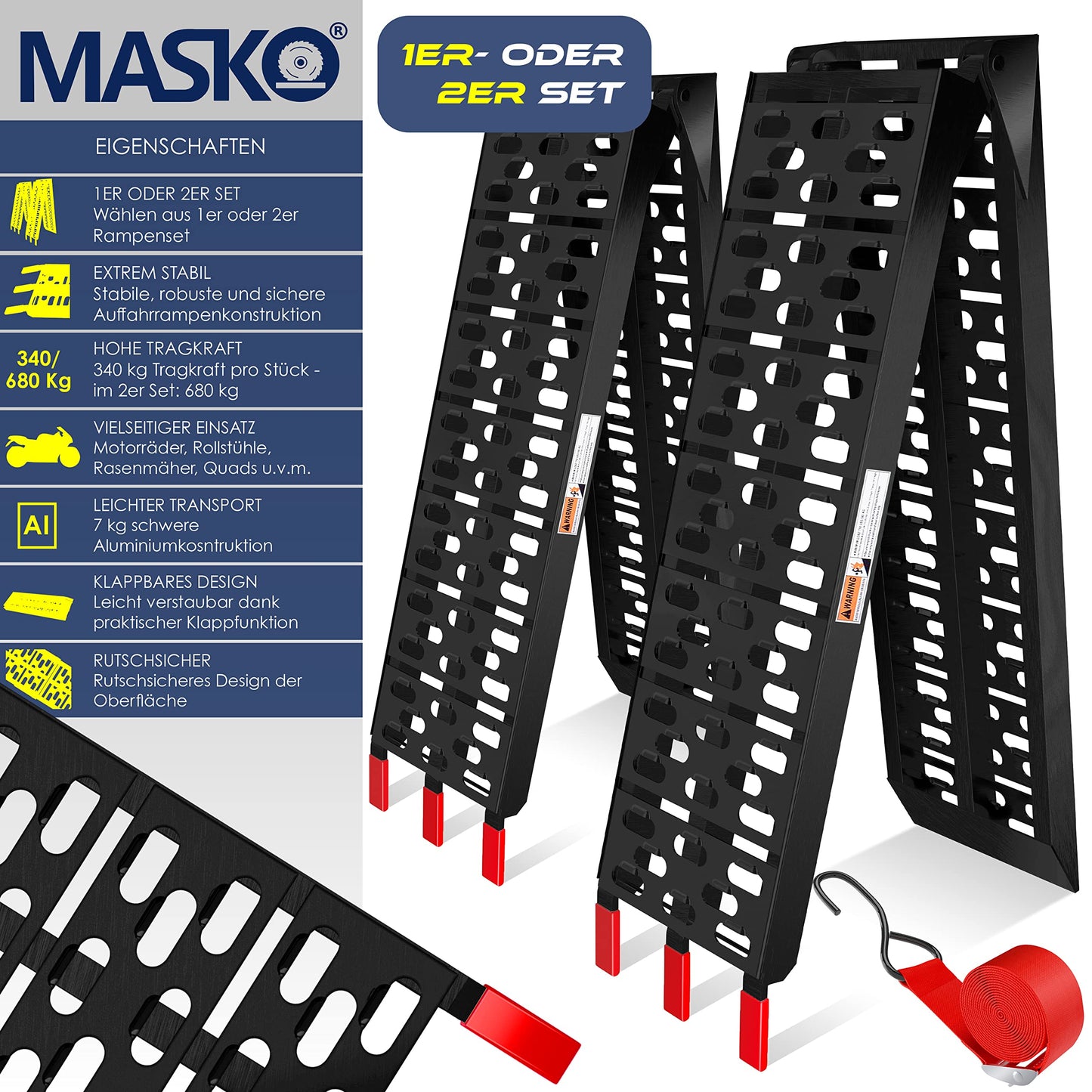 Masko 2 rampe di carico, con portata da 680 kg  per moto, ATV, quad, auto