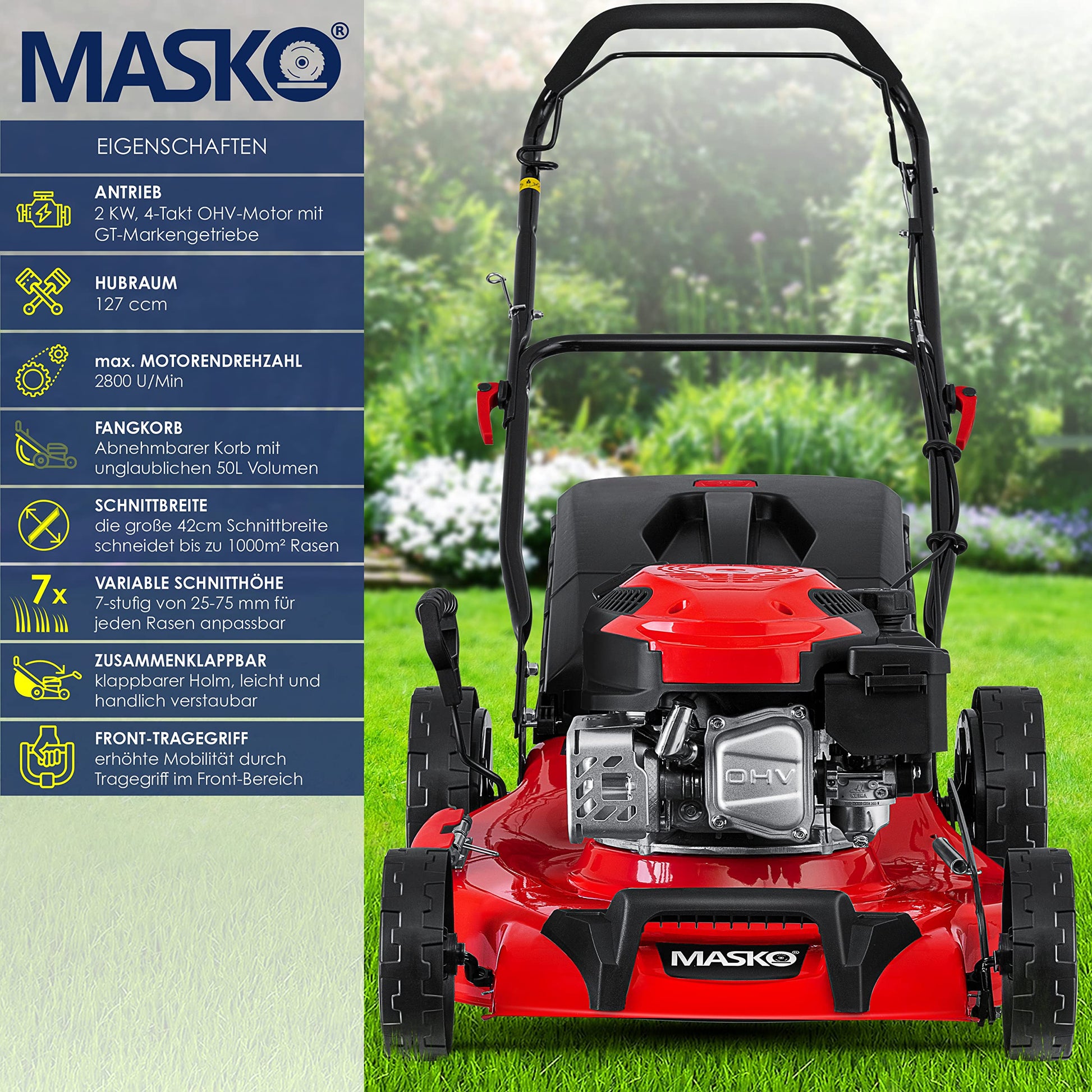 MASKO® Tosaerba a benzina 3 in 1 motore OHV a 4 tempi 3,4 CV