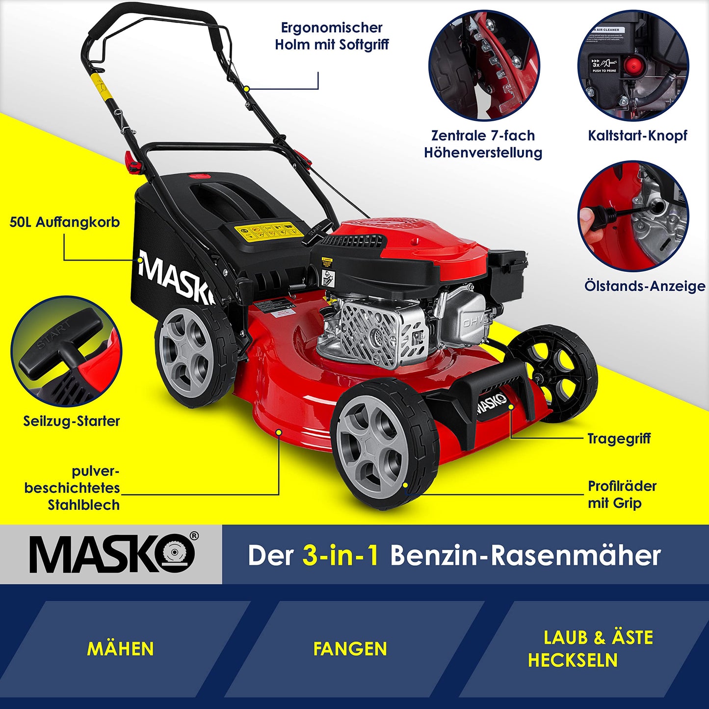 MASKO® Tosaerba a benzina 3 in 1 motore OHV a 4 tempi 3,4 CV