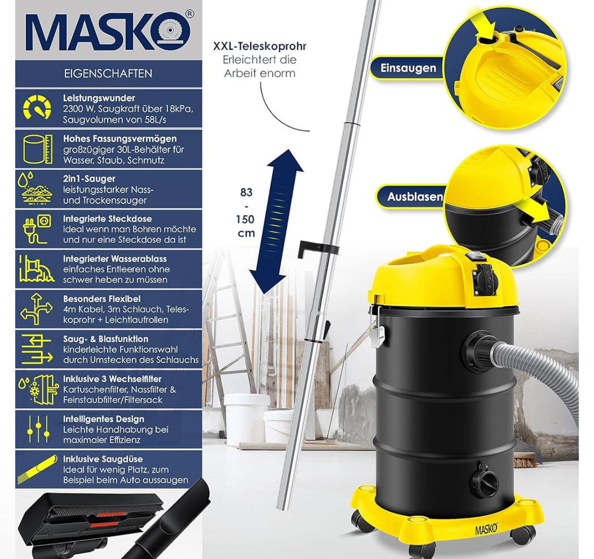 MASKO Aspirapolvere industriale, in acciaio inox, 2300 W