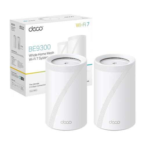 TP-Link WiFi 7 Deco BE65(2-pack) Router Mesh WiFi, BE 9214Mbps Tri-Band, Canali 320 MHz, Porta Ethernet da 2,5 Gbps, WiFi 7 Senza
