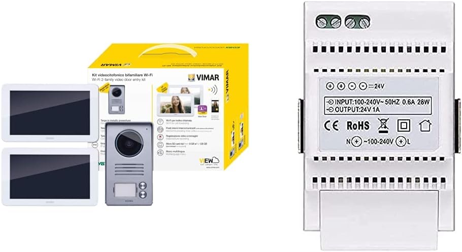 VIMAR K40956 Kit videocitofonico da parete con: 2 videocitofoni touch screen vivavoce Wi-Fi a colori LCD 7", targa audiovideo 2 pulsanti, 2 alimentatori, completo di staffe per il fissaggio, bianco + Alimentatore per Videocitofono