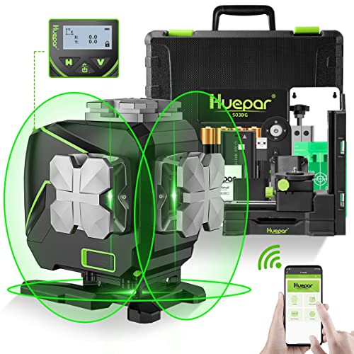 Huepar S03DG 3x360 ° Livella Laser Autolivellante con Schermo LCD, 3D Bluetooth Connesso Green Raggio Cross Line