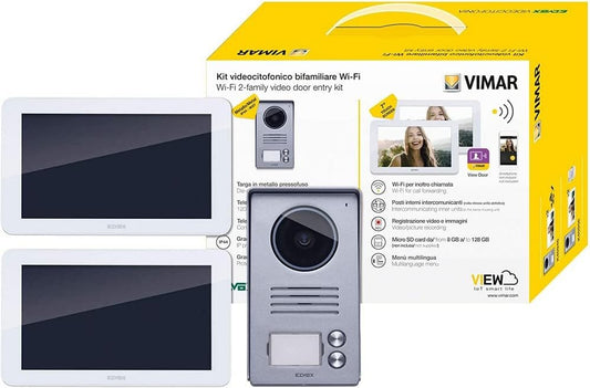 Vimar K40946 Kit Videocitofono Smart Bifamiliare con 2 Monitor Touch Screen Vivavoce, Targa Audiovideo 2 Pulsanti con Cornice Parapioggia, 2 Alimentatori Multispina, Bianco