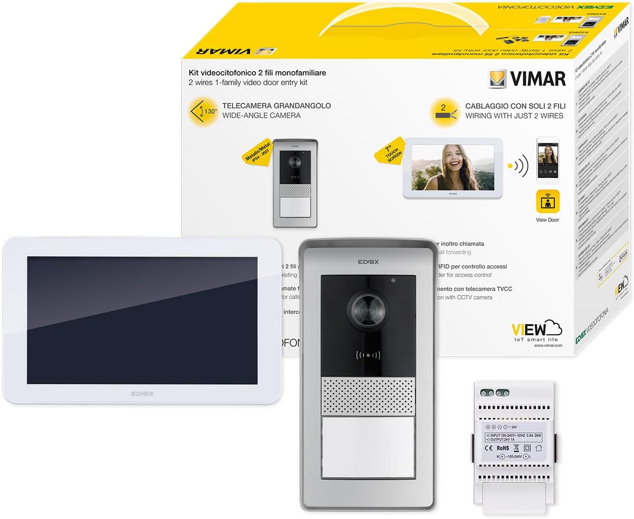 Vimar K42955 Kit videocitofono wifi monofamiliare, touch screen vivavoce Wi-Fi a colori LCD 7"