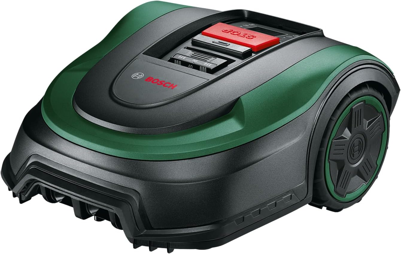 Bosch Home and Garden Robot rasaerba Indego S+ 500 (con batteria da 18 V e funzione app, stazione di ricarica inclusa, larghezza di taglio 19 cm, per prati fino a 500 m²), nero, verde