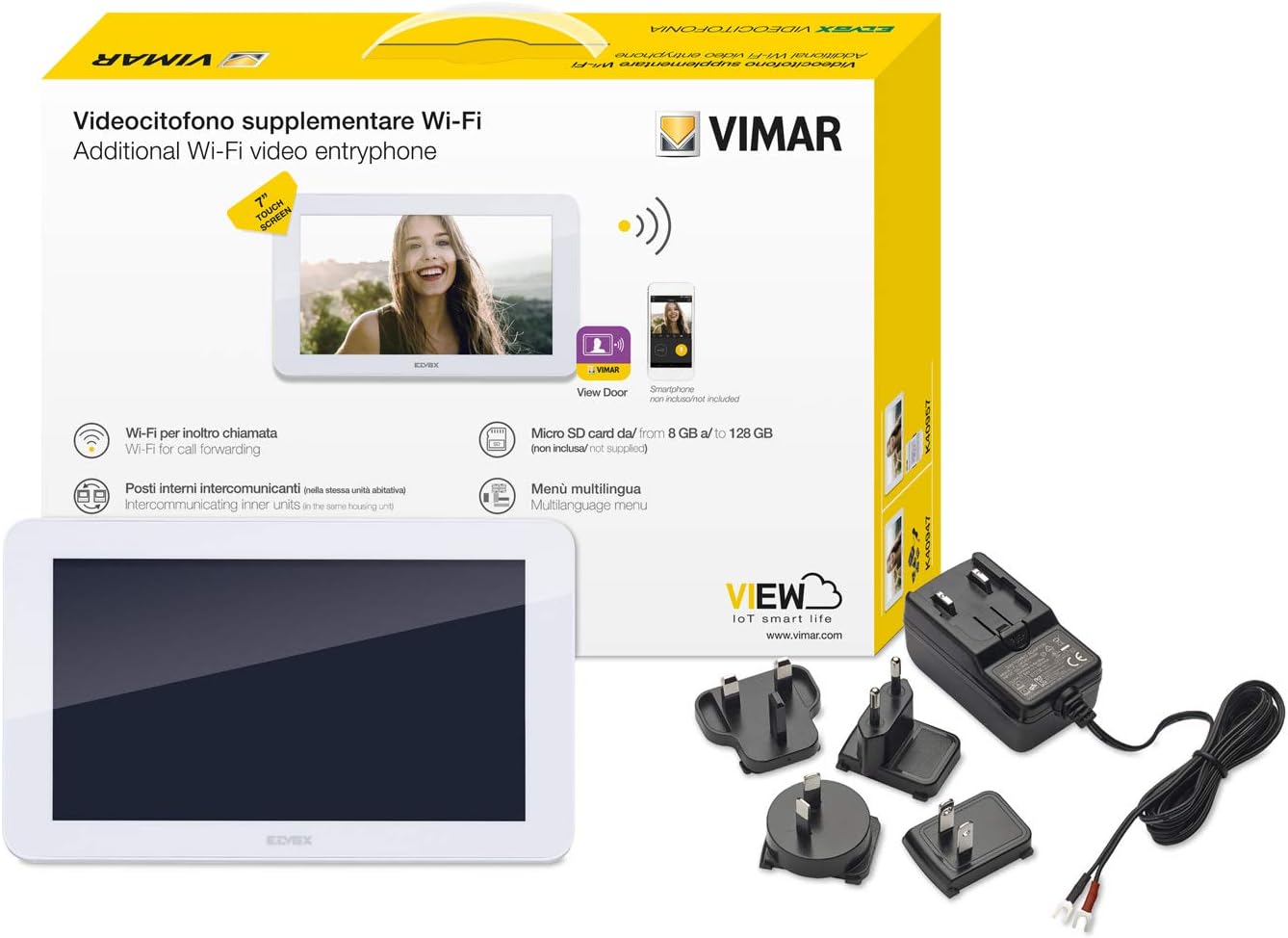 Vimar K40947 Monitor Touch Screen Vivavoce Wi-Fi per Kit Videocitofono Smart, Alimentatore con Spine Intercambiabili Standard Europeo, British, Americano ed Australiano, Bianco