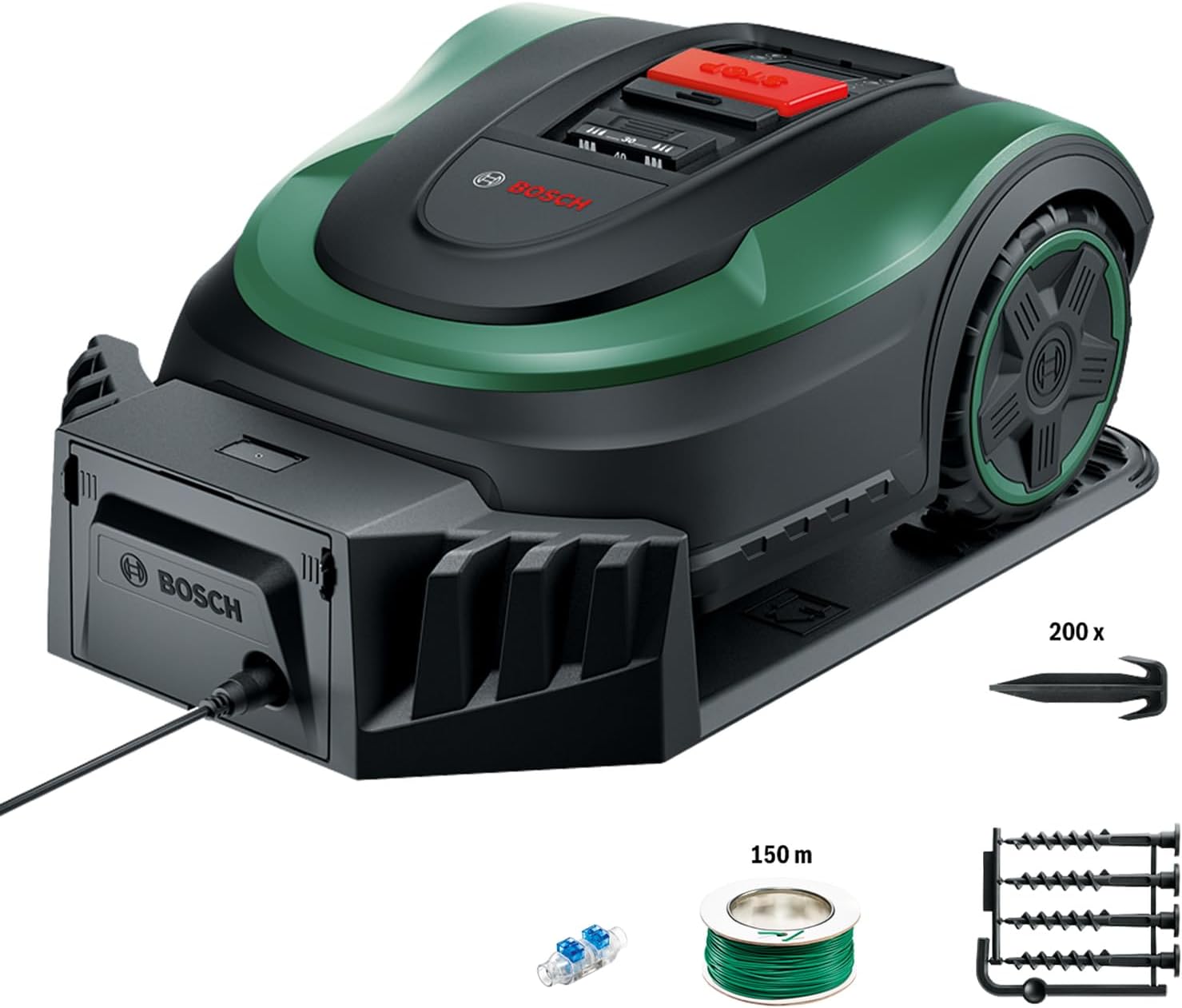 Bosch Home and Garden Robot rasaerba Indego S+ 500 (con batteria da 18 V e funzione app, stazione di ricarica inclusa, larghezza di taglio 19 cm, per prati fino a 500 m²), nero, verde