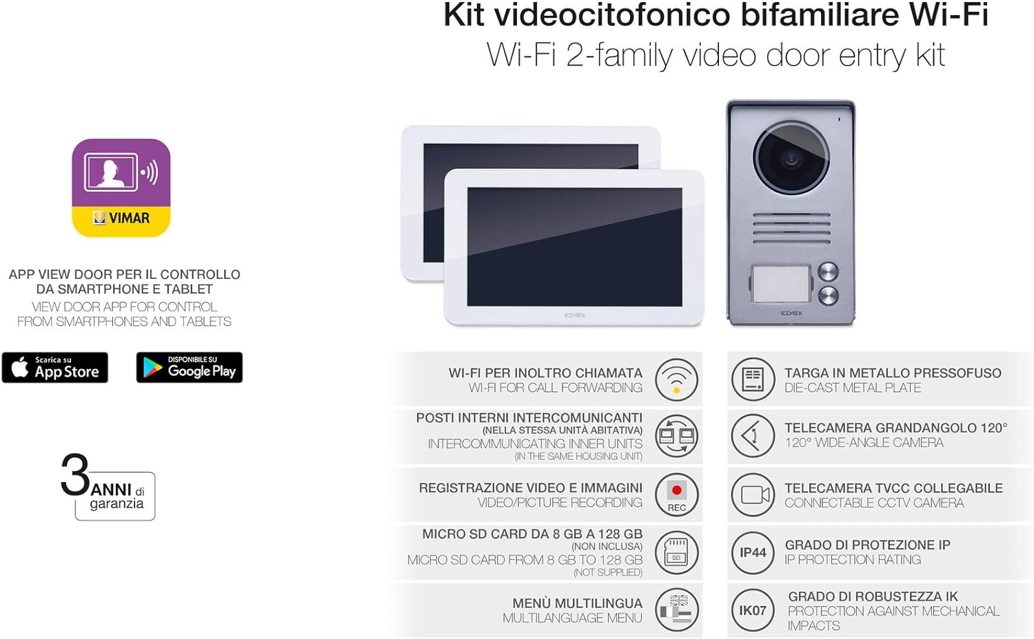 Vimar K40946 Kit Videocitofono Smart Bifamiliare con 2 Monitor Touch Screen Vivavoce, Targa Audiovideo 2 Pulsanti con Cornice Parapioggia, 2 Alimentatori Multispina, Bianco