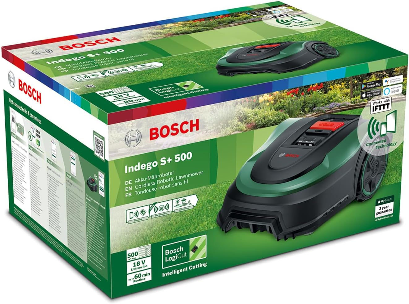 Bosch Home and Garden Robot rasaerba Indego S+ 500 (con batteria da 18 V e funzione app, stazione di ricarica inclusa, larghezza di taglio 19 cm, per prati fino a 500 m²), nero, verde