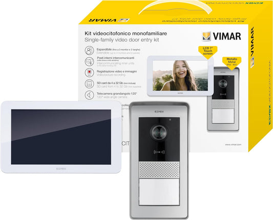 Vimar K42935 Kit videocitofono monofamilare da parete touch screen vivavoce a colori LCD 7", targa audiovideo RFID, alimentatore 40103, staffe per fissaggio