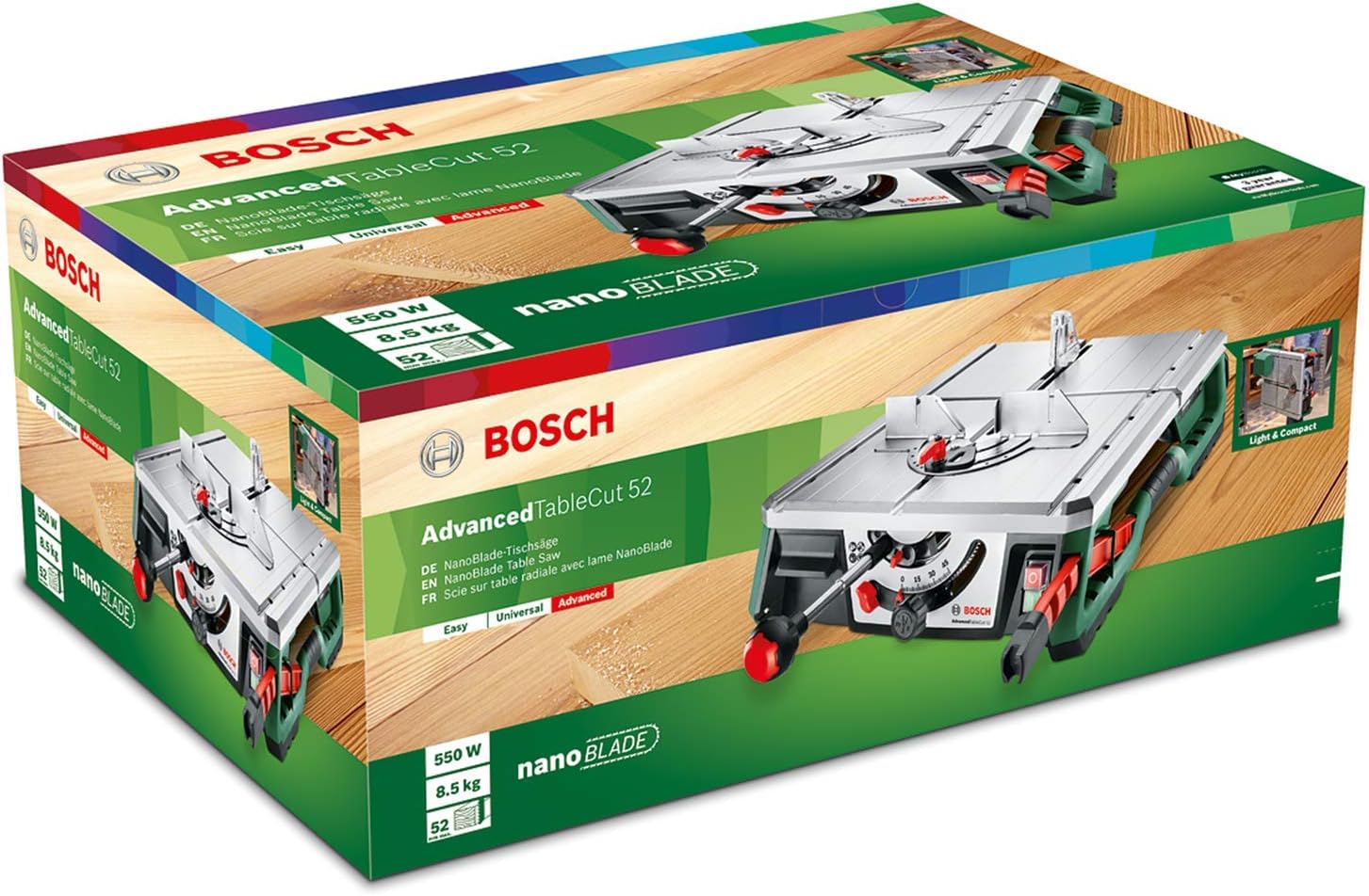 Bosch Home and Garden Banco sega radiale AdvancedTableCut 52 (550 Watt, NanoBlade Wood Basic 65, 8,5 kg, in confezione di cartone)