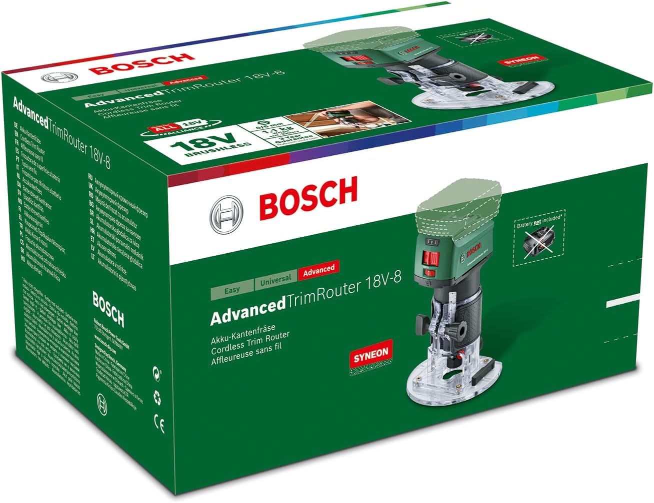 Bosch Fresa per rifiniture a batteria AdvancedTrimRouter 18V-8 + BOSCH 1600A00K1P Kit  18 V (Batteria da 2,5 Ah + al 1830 CV) + Stazione di Ricarica,