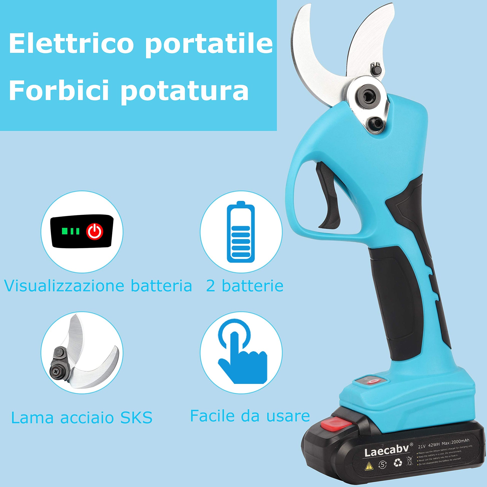 Laecabv Forbici Potatura Elettriche 40mm Progressivo Professionali Cesoie con 2 21V/2Ah batteria