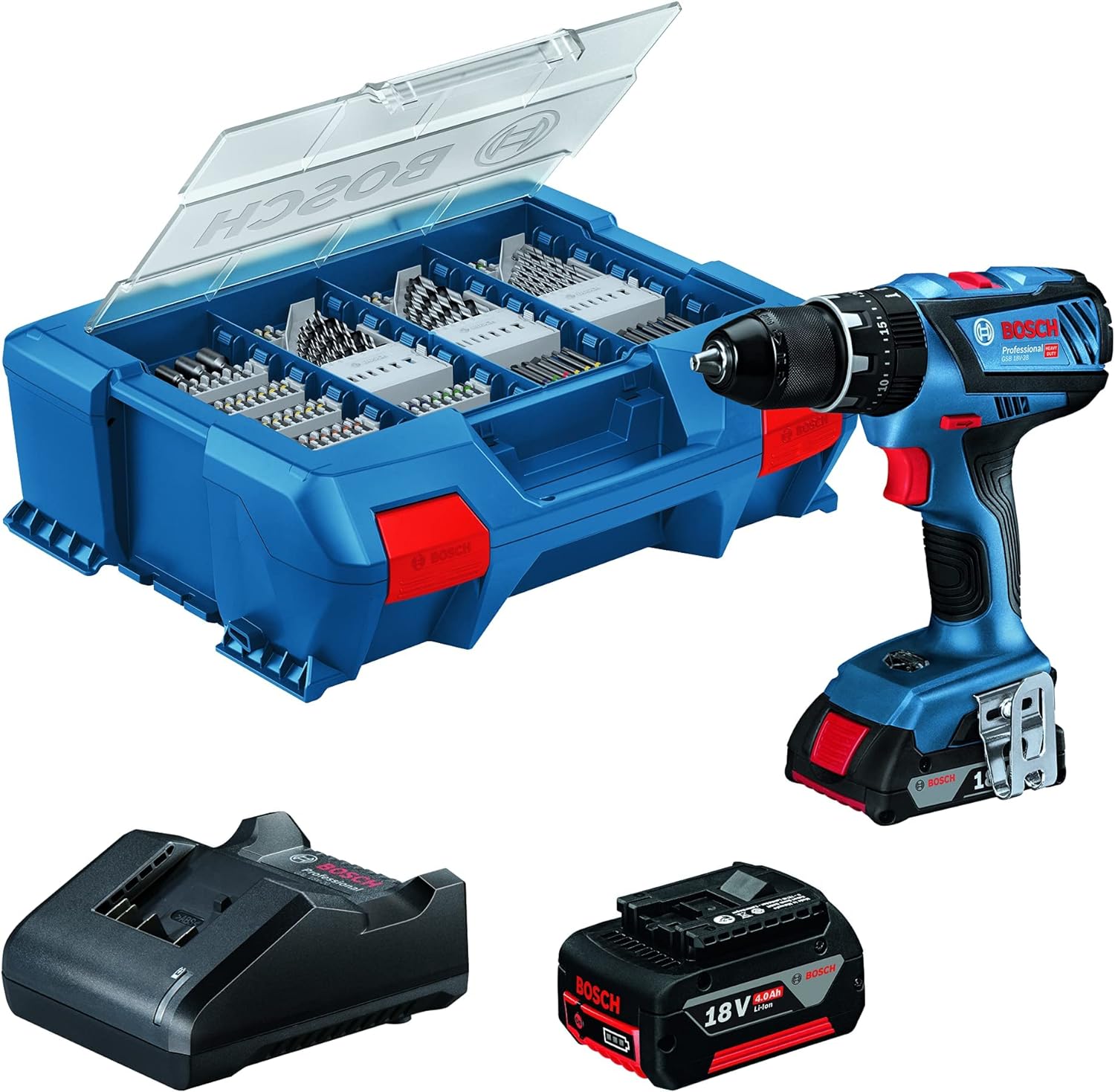 Bosch Professional 18V System Trapano-Avvitatore con percussione a Batteria GSB 18V-28 (Incl. 2 Batterie Gba 18V 3.0Ah, Caricabatteria Gal 18V-20, in L-Case)