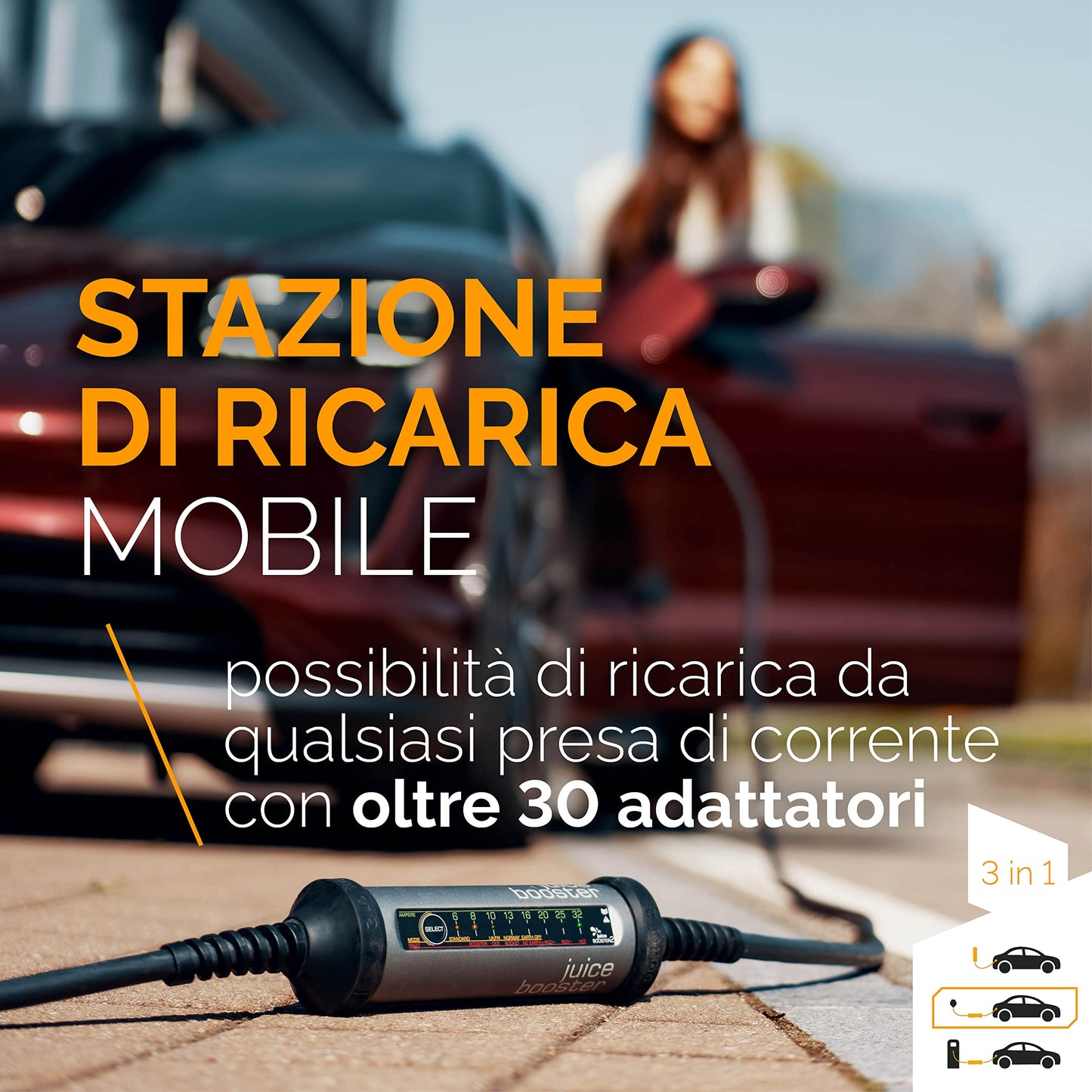 Juice Booster 2 Basic Set, Mobile Wallbox 22kW Senza Installazione, Caricabatteria Auto Elettrica con Cavo Tipo 2, Adattatore CEE32