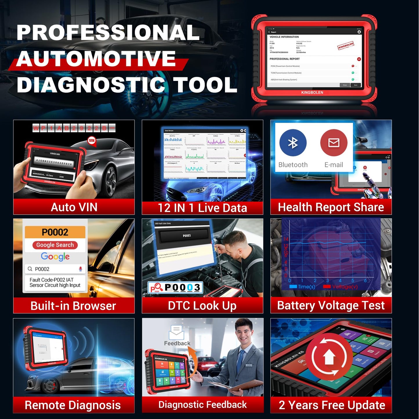 KINGBOLEN K8 Diagnostico per Auto OBD2 - Codifica ECU Avanzata+34 Funzione di Ripristino