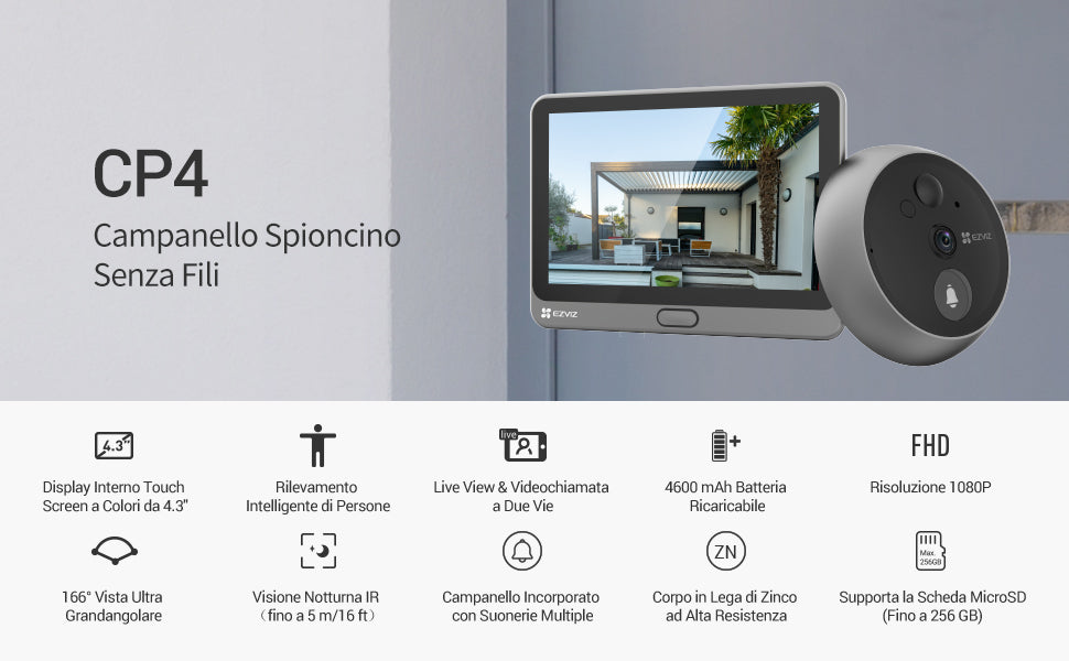 EZVIZ CP4 Spioncino Digitale a Batteria Video Spioncino Senza Fili Display Touchscreen Campanello